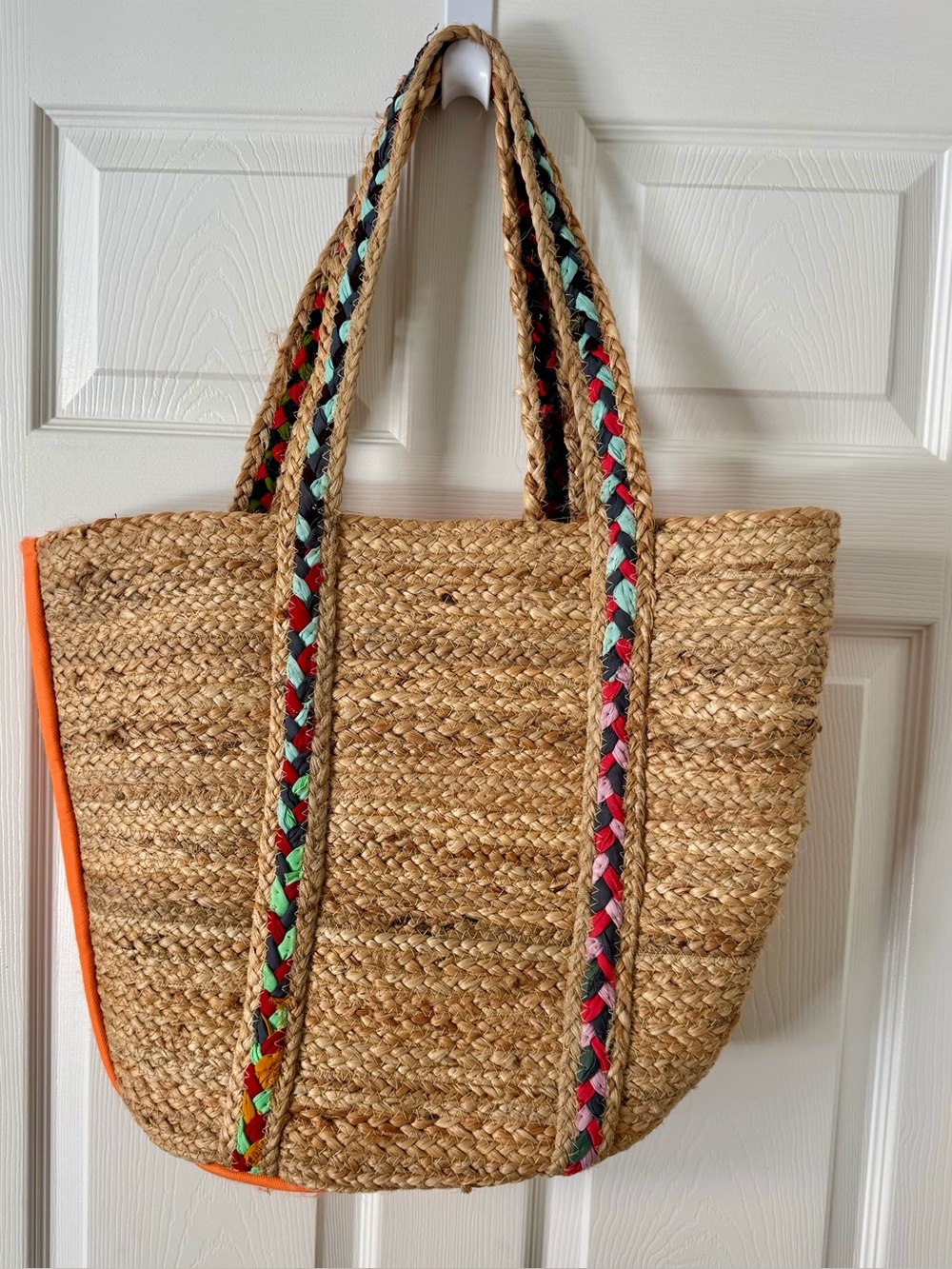 Boho Straw Jute Tote Bag Orange Beach Shoulder Bag Large